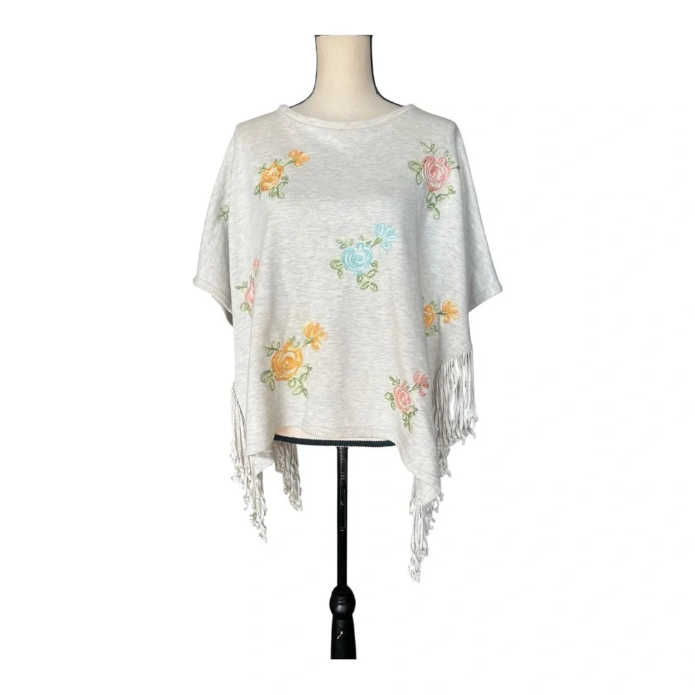 Anthropologie TP Cream Embroidered Fringe Poncho One Size